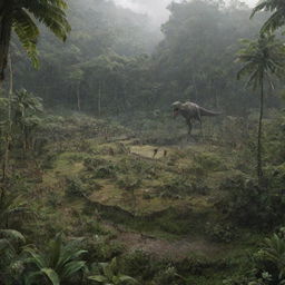 Construct an image of the T-Rex Paddock on Isla Nublar, a vast enclosure settled within dense jungle, marked by deep ravines and surrounded by tall electric fences for containment