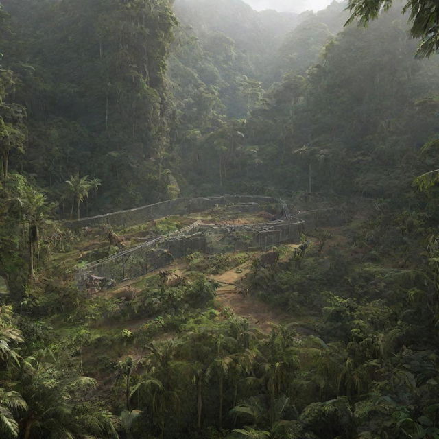 Construct an image of the T-Rex Paddock on Isla Nublar, a vast enclosure settled within dense jungle, marked by deep ravines and surrounded by tall electric fences for containment