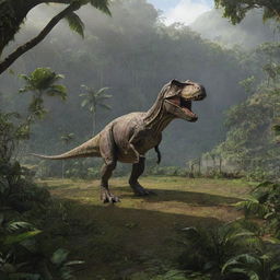 Construct an image of the T-Rex Paddock on Isla Nublar, a vast enclosure settled within dense jungle, marked by deep ravines and surrounded by tall electric fences for containment