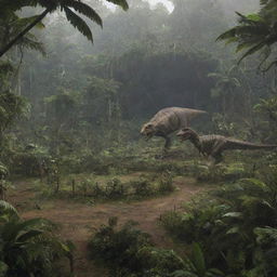 Construct an image of the T-Rex Paddock on Isla Nublar, a vast enclosure settled within dense jungle, marked by deep ravines and surrounded by tall electric fences for containment