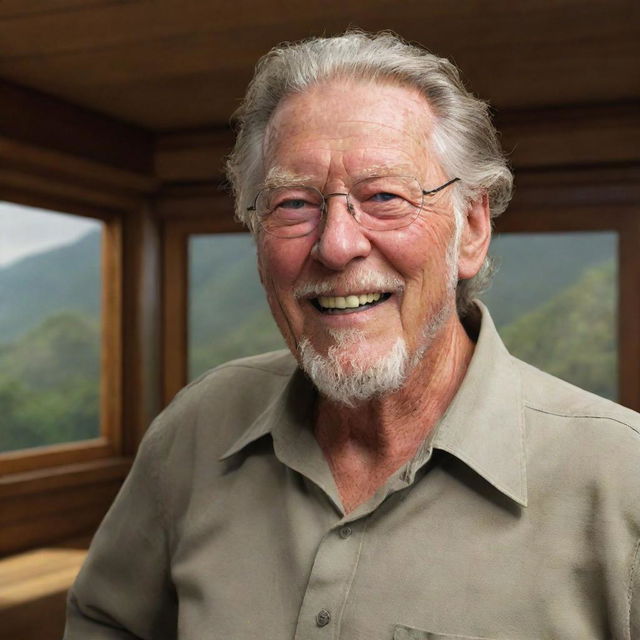 Render a joyous John Hammond inside the visitor center on Isla Nublar, his face gleaming with triumph and satisfaction at the success of his monumental project