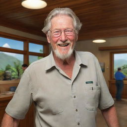 Render a joyous John Hammond inside the visitor center on Isla Nublar, his face gleaming with triumph and satisfaction at the success of his monumental project