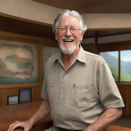 Render a joyous John Hammond inside the visitor center on Isla Nublar, his face gleaming with triumph and satisfaction at the success of his monumental project