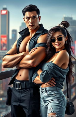 A hot Korean bodyguard with a chiseled physique and a cold, stoic expression, standing confidently with his arms crossed