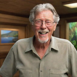 Render a joyous John Hammond inside the visitor center on Isla Nublar, his face gleaming with triumph and satisfaction at the success of his monumental project