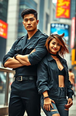 A hot Korean bodyguard with a chiseled physique and a cold, stoic expression, standing confidently with his arms crossed