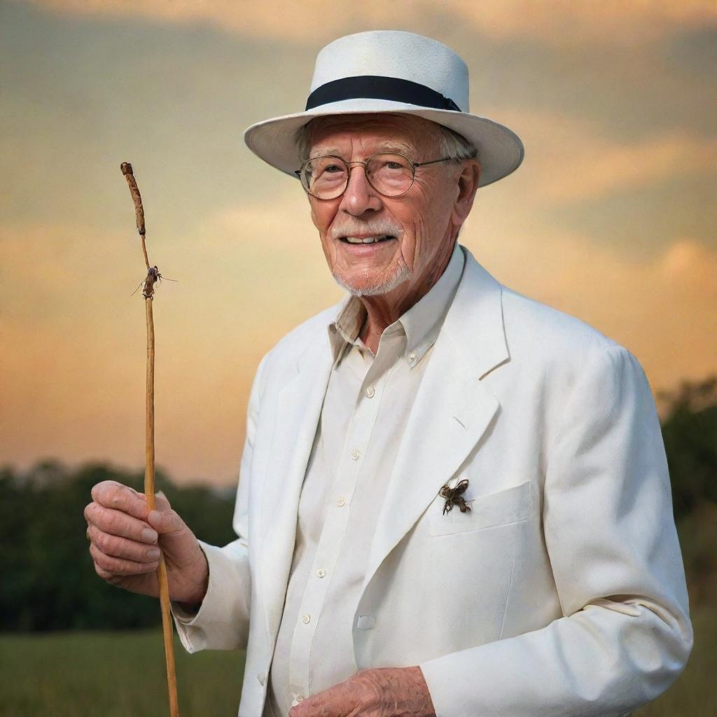 Portray a fascinating visual of John Hammond, dressed in his iconic white clothing and hat, confidently holding his important cane topped with a piece of amber containing a mosquito