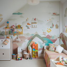 A colorful, fun child's room filled with toys, educational materials, a cozy bed, and an artfully painted mural on one wall.