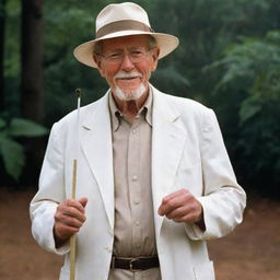 Portray a fascinating visual of John Hammond, dressed in his iconic white clothing and hat, confidently holding his important cane topped with a piece of amber containing a mosquito