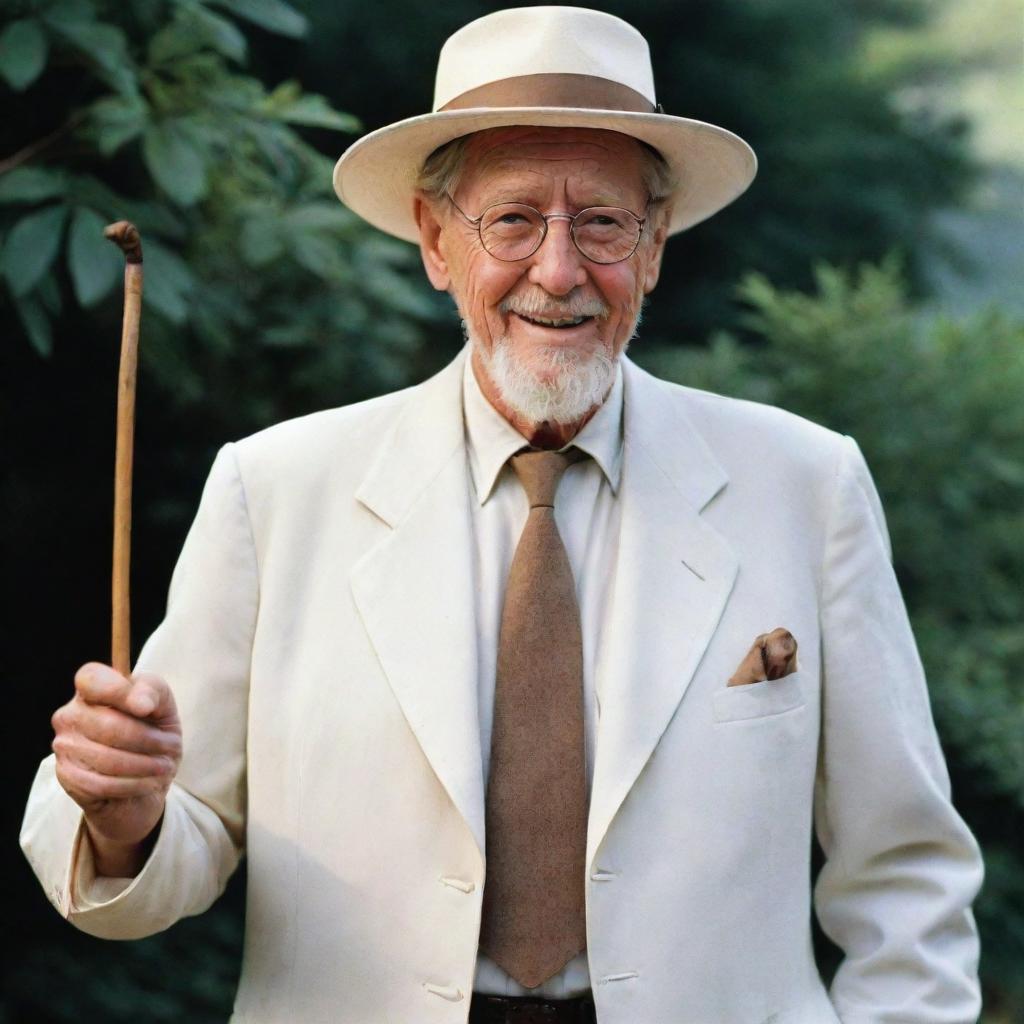 Portray a fascinating visual of John Hammond, dressed in his iconic white clothing and hat, confidently holding his important cane topped with a piece of amber containing a mosquito