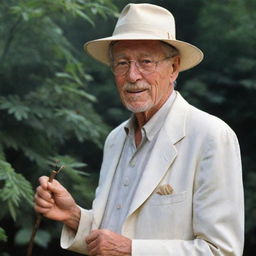 Portray a fascinating visual of John Hammond, dressed in his iconic white clothing and hat, confidently holding his important cane topped with a piece of amber containing a mosquito