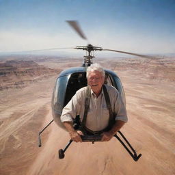 Depict a spirited image of John Hammond piloting a helicopter, venturing through the blazing skies towards the arid landscapes of the Badlands