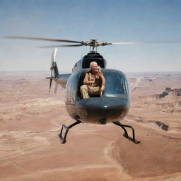 Depict a spirited image of John Hammond piloting a helicopter, venturing through the blazing skies towards the arid landscapes of the Badlands