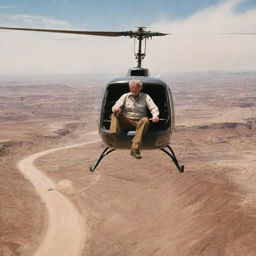 Depict a spirited image of John Hammond piloting a helicopter, venturing through the blazing skies towards the arid landscapes of the Badlands