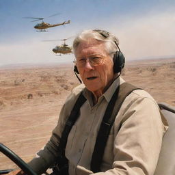 Depict a spirited image of John Hammond piloting a helicopter, venturing through the blazing skies towards the arid landscapes of the Badlands