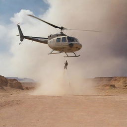 Portray John Hammond landing his helicopter amidst the arid landscapes of the Badlands, stirring clouds of dust, as he emerges ready for a new adventure