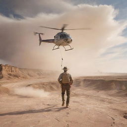 Portray John Hammond landing his helicopter amidst the arid landscapes of the Badlands, stirring clouds of dust, as he emerges ready for a new adventure