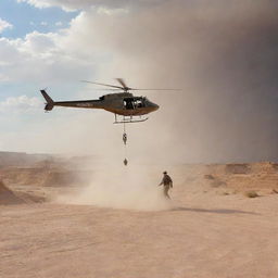 Portray John Hammond landing his helicopter amidst the arid landscapes of the Badlands, stirring clouds of dust, as he emerges ready for a new adventure