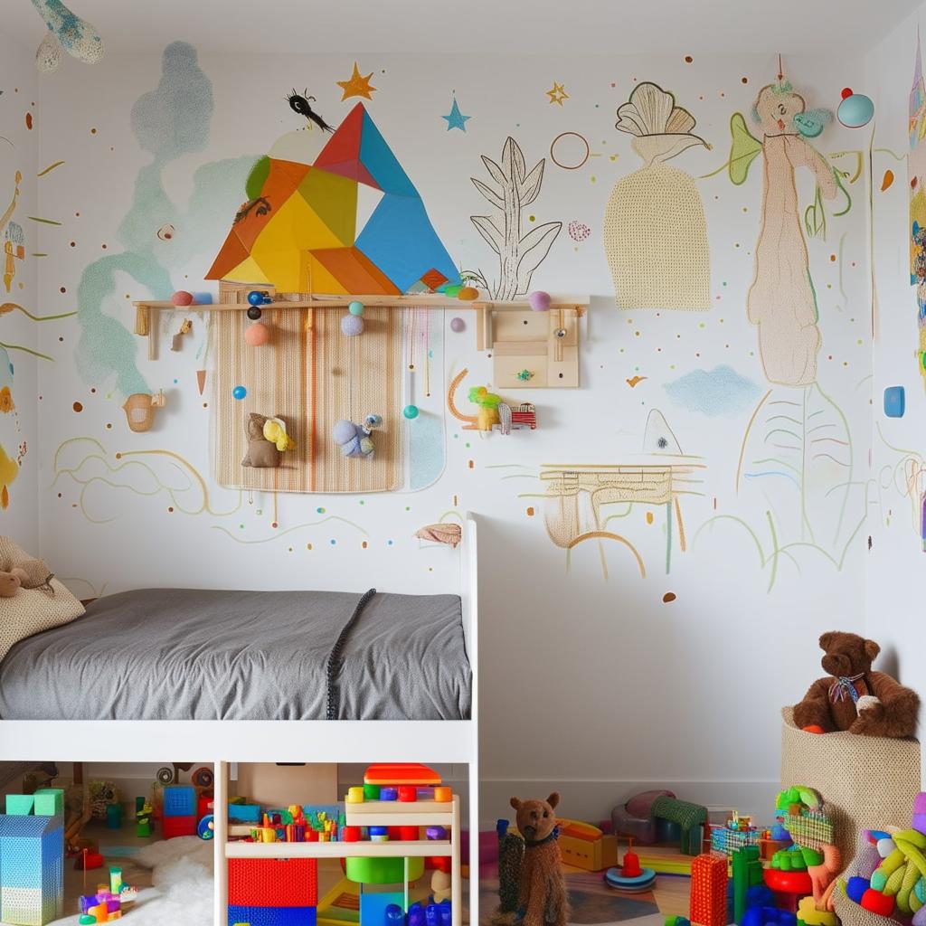 A colorful, fun child's room filled with toys, educational materials, a cozy bed, and an artfully painted mural on one wall.