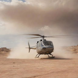 Portray John Hammond landing his helicopter amidst the arid landscapes of the Badlands, stirring clouds of dust, as he emerges ready for a new adventure