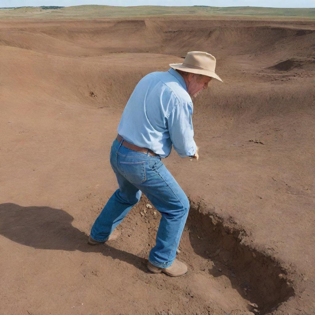 Illustrate a dedicated paleontologist, Alan Grant, dressed in his distinctive blue jeans and brown hat, surveying a sprawling dig site with keen interest