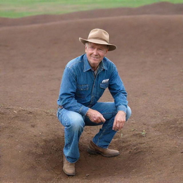 Illustrate a dedicated paleontologist, Alan Grant, dressed in his distinctive blue jeans and brown hat, surveying a sprawling dig site with keen interest