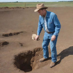 Illustrate a dedicated paleontologist, Alan Grant, dressed in his distinctive blue jeans and brown hat, surveying a sprawling dig site with keen interest