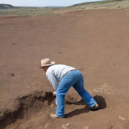 Illustrate a dedicated paleontologist, Alan Grant, dressed in his distinctive blue jeans and brown hat, surveying a sprawling dig site with keen interest