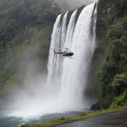 Frame the scene of a helicopter gently landing on a helipad near a waterfall, mist in the air and the roar of water creating an enchanting arrival experience