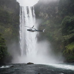 Frame the scene of a helicopter gently landing on a helipad near a waterfall, mist in the air and the roar of water creating an enchanting arrival experience