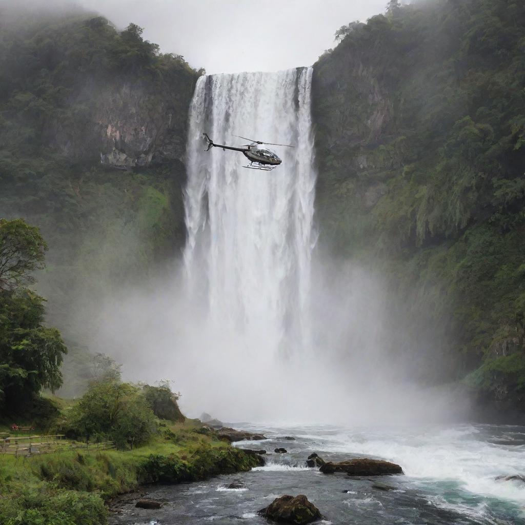 Frame the scene of a helicopter gently landing on a helipad near a waterfall, mist in the air and the roar of water creating an enchanting arrival experience