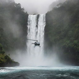 Frame the scene of a helicopter gently landing on a helipad near a waterfall, mist in the air and the roar of water creating an enchanting arrival experience