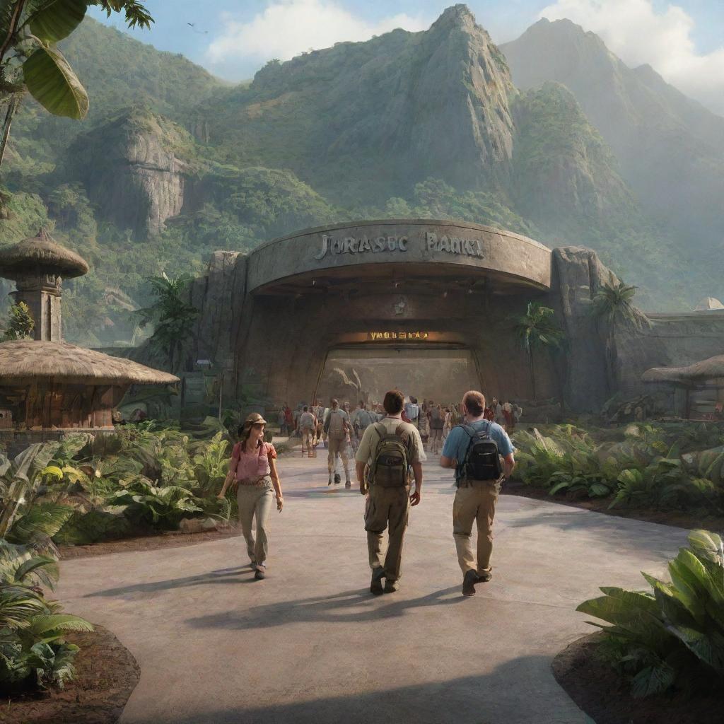 Render a dynamic scene featuring a group arriving at the visitor center in Jurassic Park, showcasing the unique architecture and the feeling of impending adventure