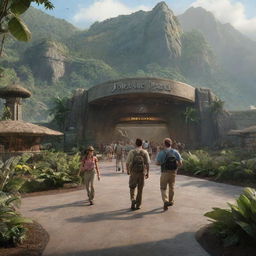 Render a dynamic scene featuring a group arriving at the visitor center in Jurassic Park, showcasing the unique architecture and the feeling of impending adventure