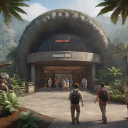 Render a dynamic scene featuring a group arriving at the visitor center in Jurassic Park, showcasing the unique architecture and the feeling of impending adventure