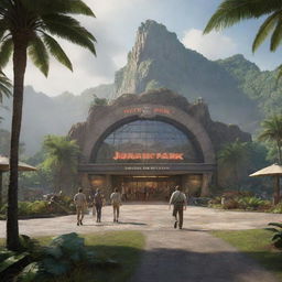 Render a dynamic scene featuring a group arriving at the visitor center in Jurassic Park, showcasing the unique architecture and the feeling of impending adventure