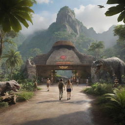 Render a dynamic scene featuring a group arriving at the visitor center in Jurassic Park, showcasing the unique architecture and the feeling of impending adventure