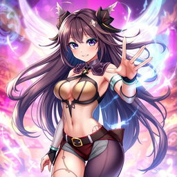 A gorgeous anime character with long flowing hair, captivating eyes, and a playful smile, wearing a stylish yet subtly provocative outfit