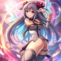 A gorgeous anime character with long flowing hair, captivating eyes, and a playful smile, wearing a stylish yet subtly provocative outfit