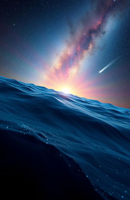 A breathtaking blend of ocean and space, featuring deep blue waves that transition into a starry night sky