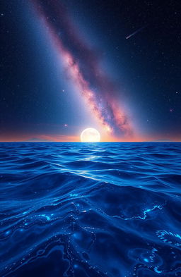 A breathtaking blend of ocean and space, featuring deep blue waves that transition into a starry night sky