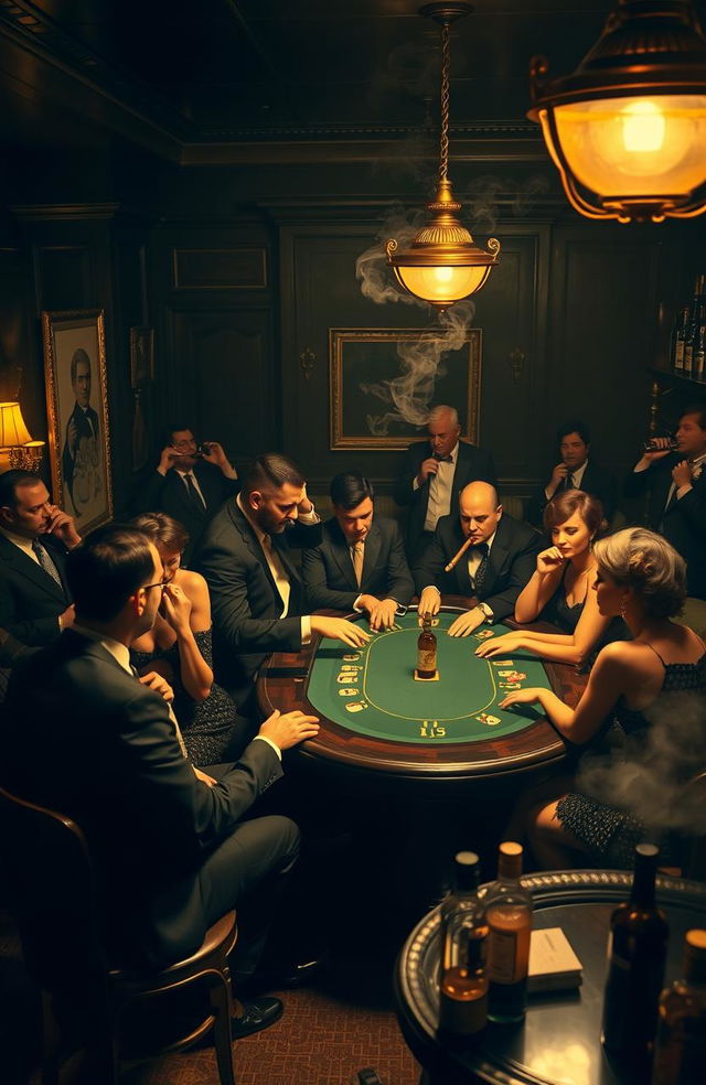 A classic 1920s mafia scene set in a dimly lit speakeasy bar