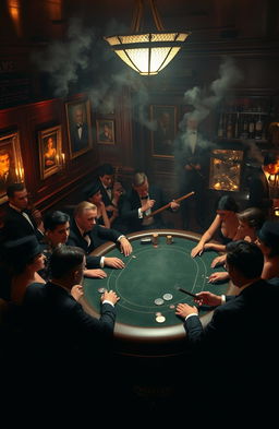 A classic 1920s mafia scene set in a dimly lit speakeasy bar