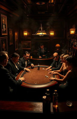 A classic 1920s mafia scene set in a dimly lit speakeasy bar