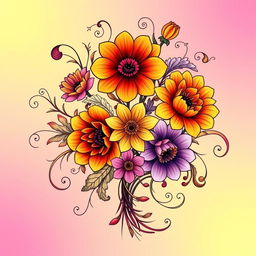 A beautifully intricate and artistic design featuring a colorful flower arrangement, showcasing a variety of blooms in vibrant hues of red, orange, yellow, pink, and purple