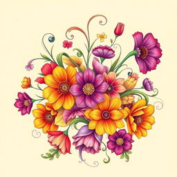 A beautifully intricate and artistic design featuring a colorful flower arrangement, showcasing a variety of blooms in vibrant hues of red, orange, yellow, pink, and purple