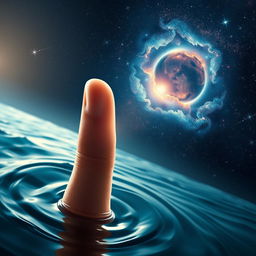 An artistic depiction of two fingertips gracefully touching, one emerging from the ocean and the other from the vastness of space