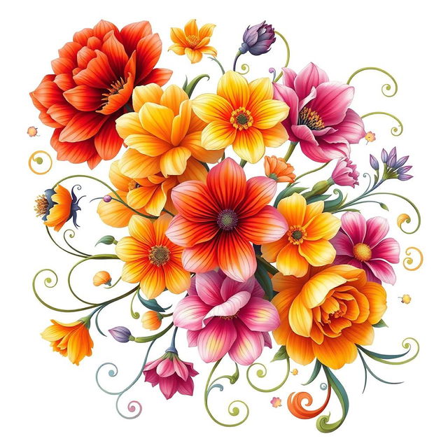 A beautifully intricate and artistic design featuring a colorful flower arrangement, showcasing a variety of blooms in vibrant hues of red, orange, yellow, pink, and purple