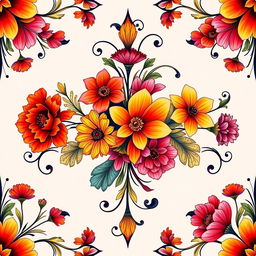 A beautifully intricate and artistic design featuring a colorful flower arrangement, showcasing a variety of blooms in vibrant hues of red, orange, yellow, pink, and purple