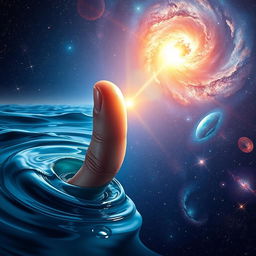 An artistic depiction of two fingertips gracefully touching, one emerging from the ocean and the other from the vastness of space
